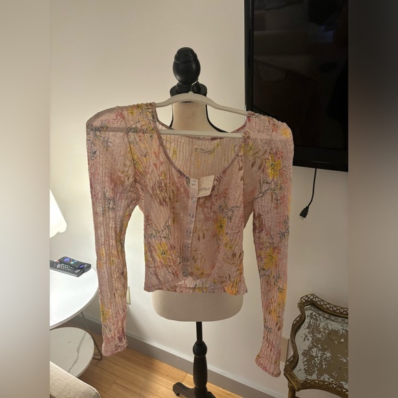 NWT Free People Angelina Lace Top in Light Pink Yellow Floral Combo - Picture 2 of 4